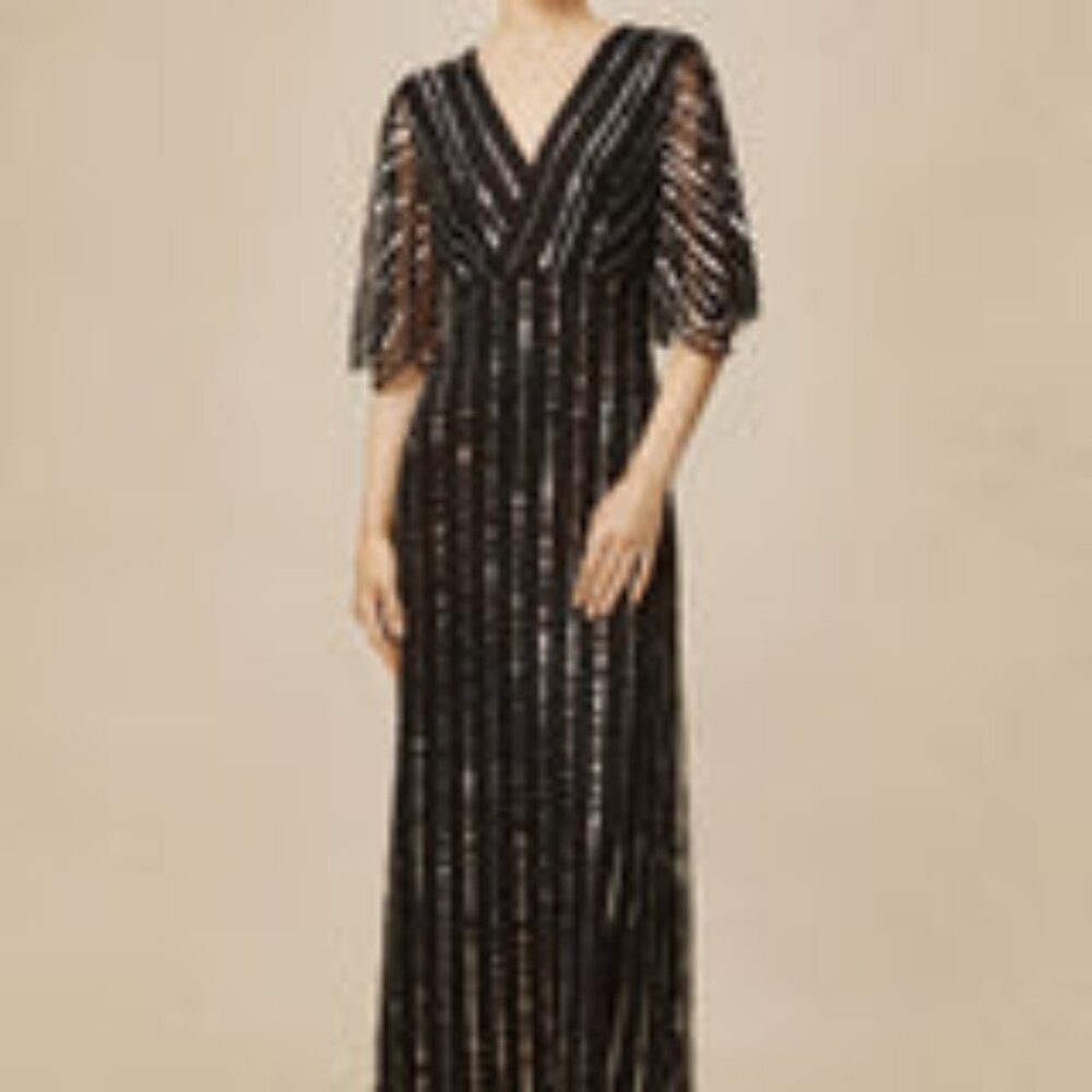 NWT: BABEYOND Embellished Sequin Evening Gown - Black / Silver / 8